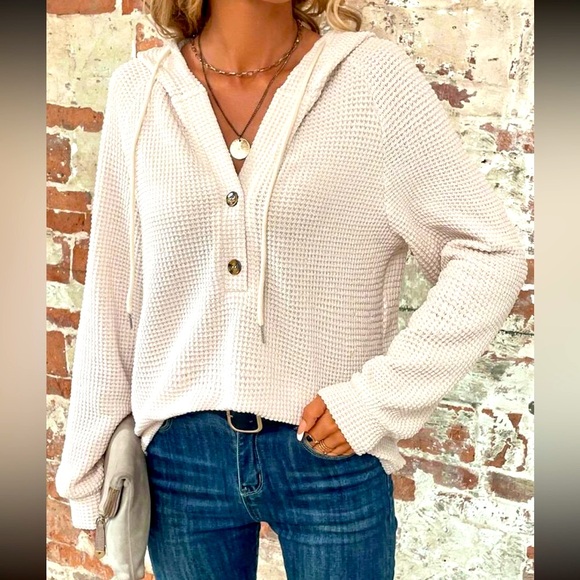 Raglan Sleeve Half Button Drawstring Hoodie Top - Picture 4 of 7